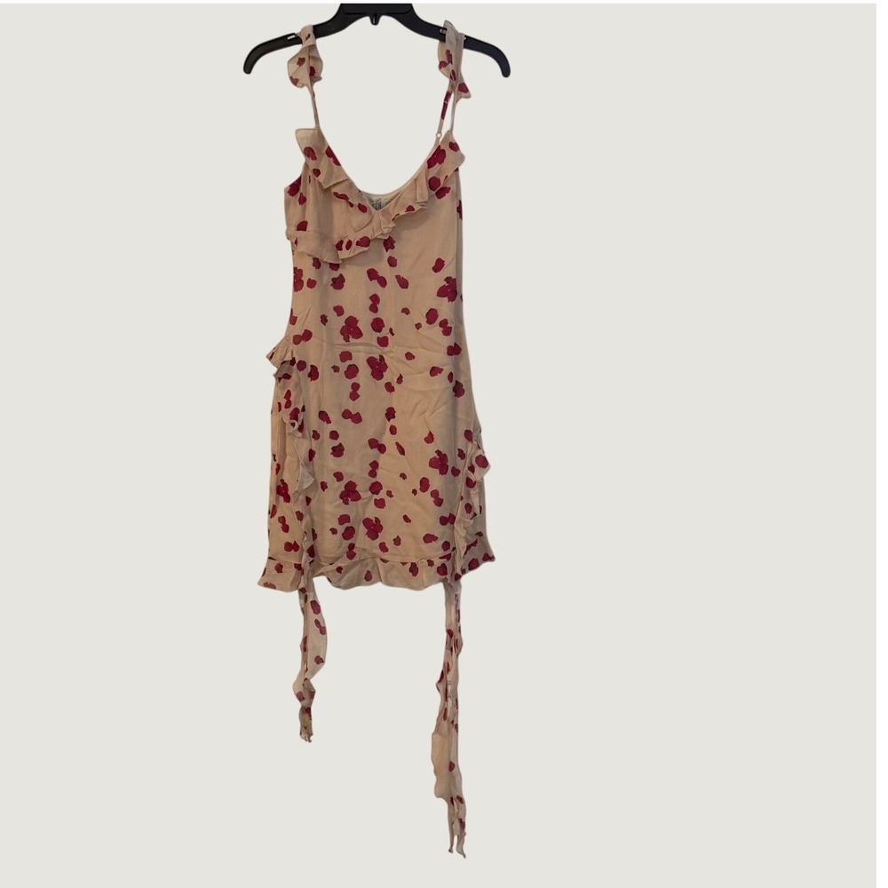 SAEMDI Mini Dress S Floral Petal Ruffle Trim Nude Rose Slim Fit Summer